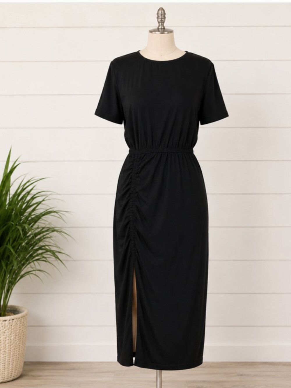 OPEN EDIT Women's Ruched Slit Midi Dress Short Sleeve Size M Black NWT